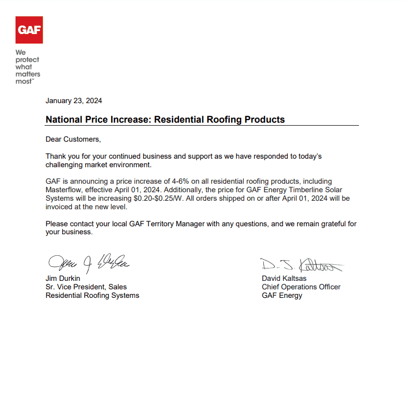 National Roofing Material Price Increase Effective 04012024