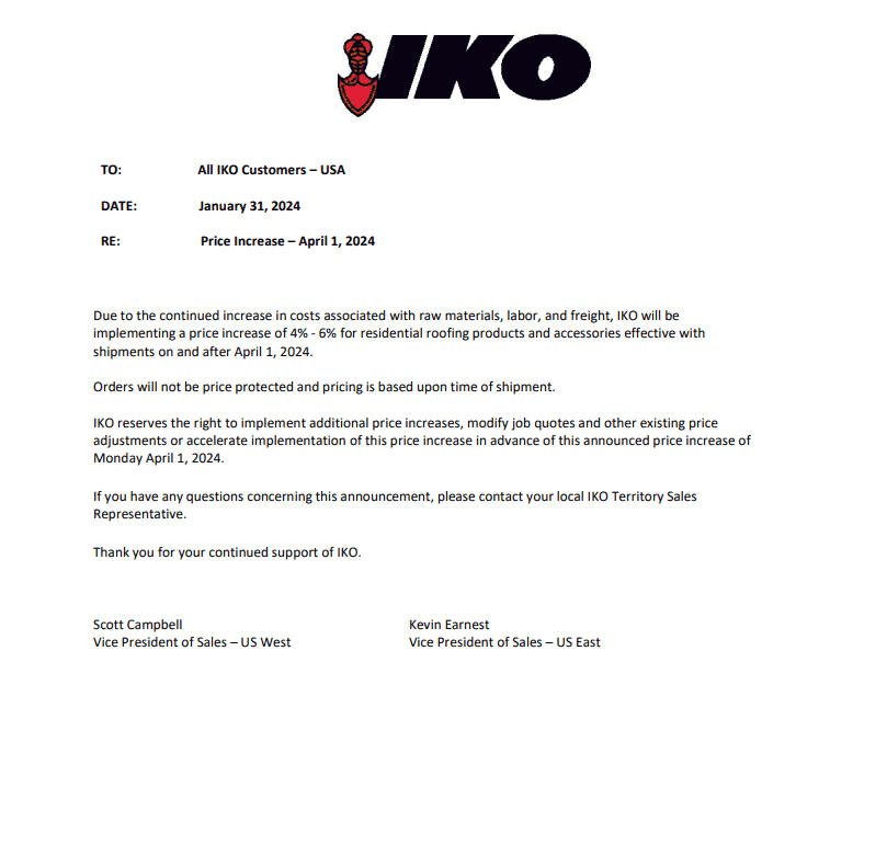 National Roofing Material Price Increase Effective 04012024